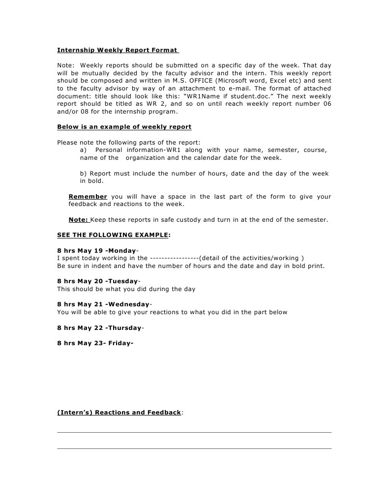 Internship weekly report format office software microsoft