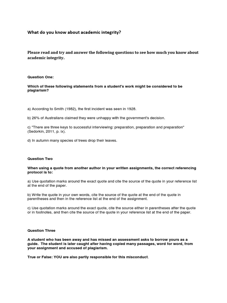 Understanding Academic Integrity Quiz | PDF | Academic Integrity ...