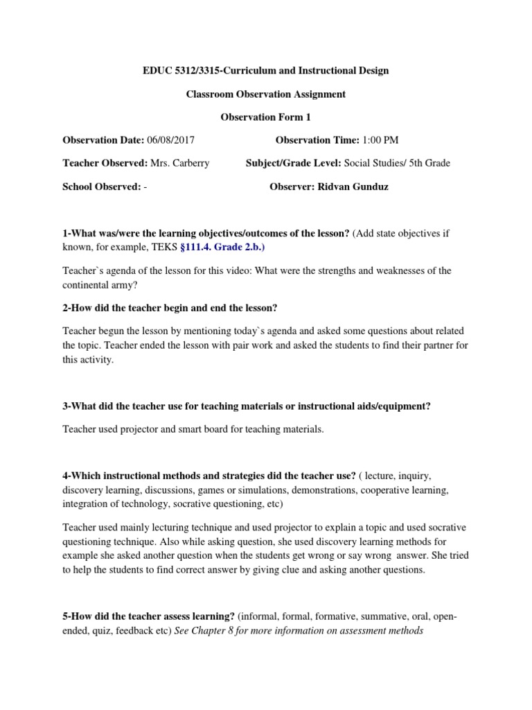 Classroom Observation Report: 5th Grade Social Studies | PDF ...