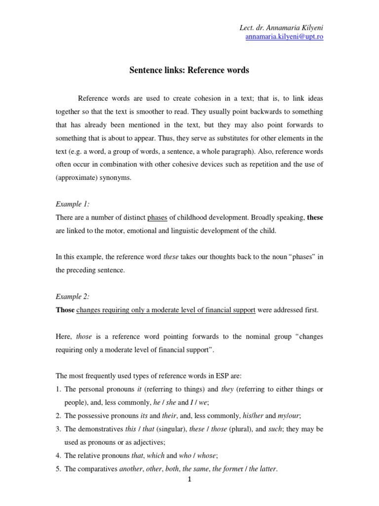 Sentence Links - Reference Words | PDF | Pronoun | Grammatical Number