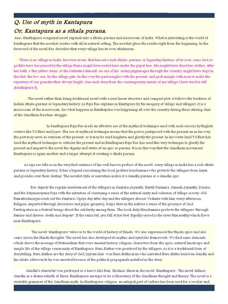 Kanthapura A Regional Novel Expands Into A Sthala Mahatma - 