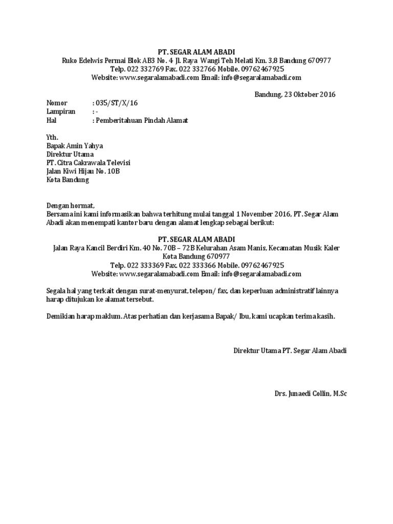 Contoh Surat Pemberitahuan Pindah Alamat Kantor Contoh Surat