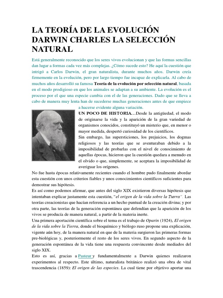 La Teoría de La Evolución Darwin Charles La Selección Natural | PDF ...