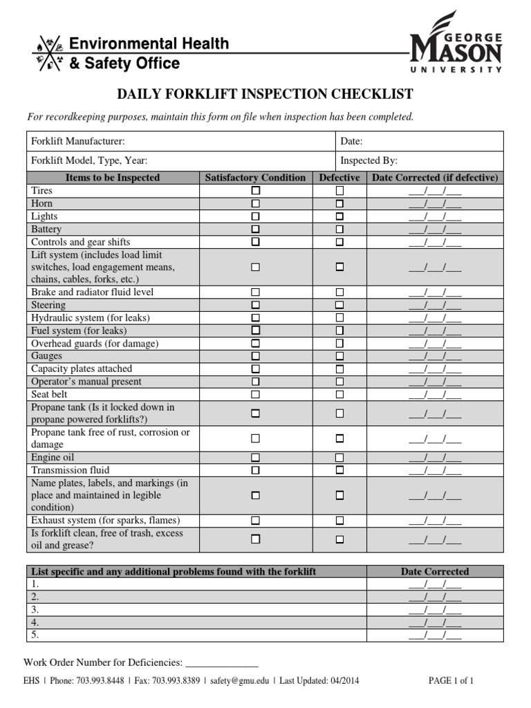 Daily Forklift Inspection Checklist PDF Forklift Transmission