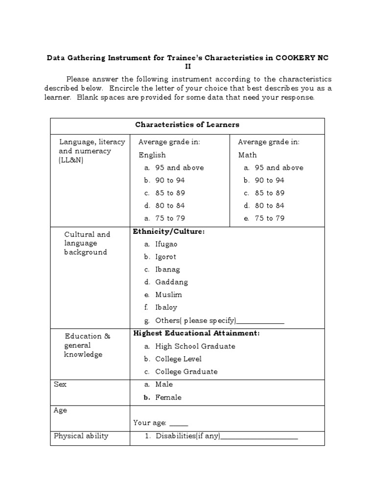 Data Gathering Instrument For Trainee PDF Learning Styles Cognition