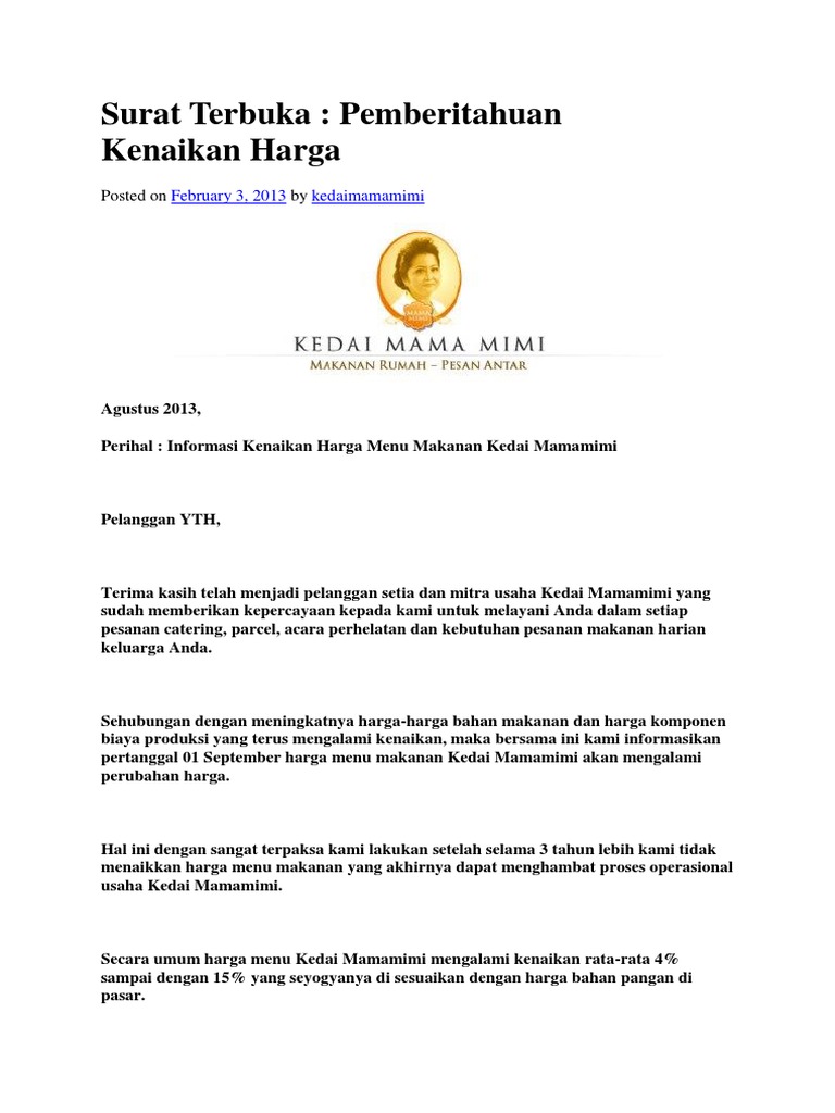 Surat Kenaikan Harga