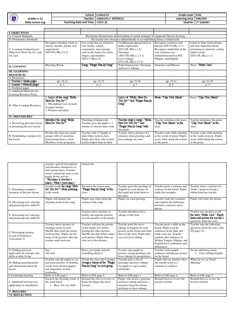 Grade 1 English Lesson Plans | PDF | English Language | Teachers