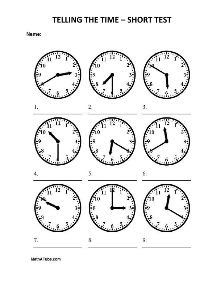 Telling The Time Short Test PDF