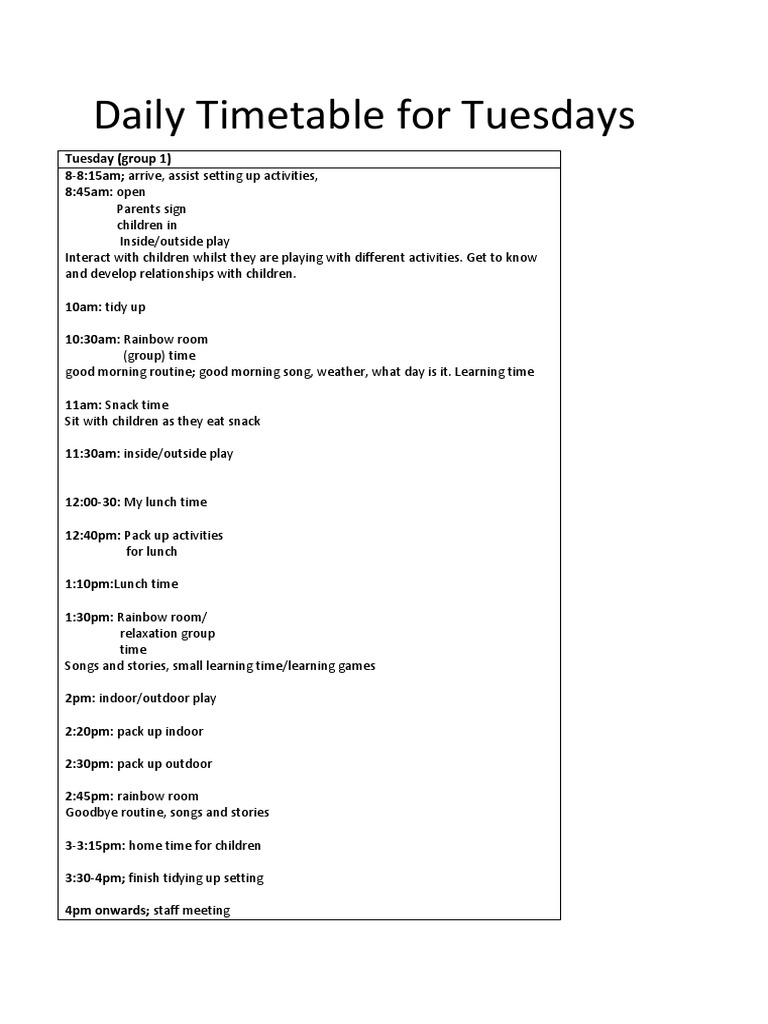 Tuesday Daily Activity Schedule | PDF | Language Arts & Discipline ...