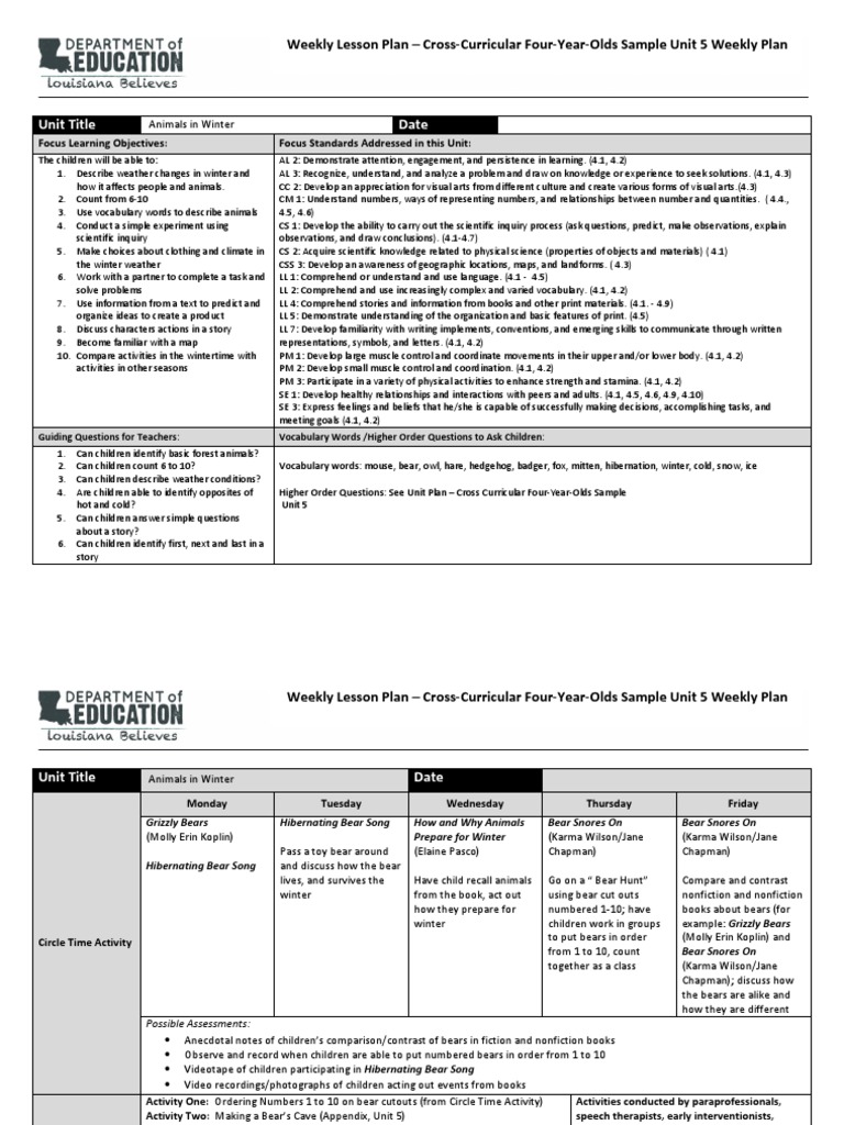 Weekly Lesson Plan Cross Curricular Four Years Old Sample Unit 5