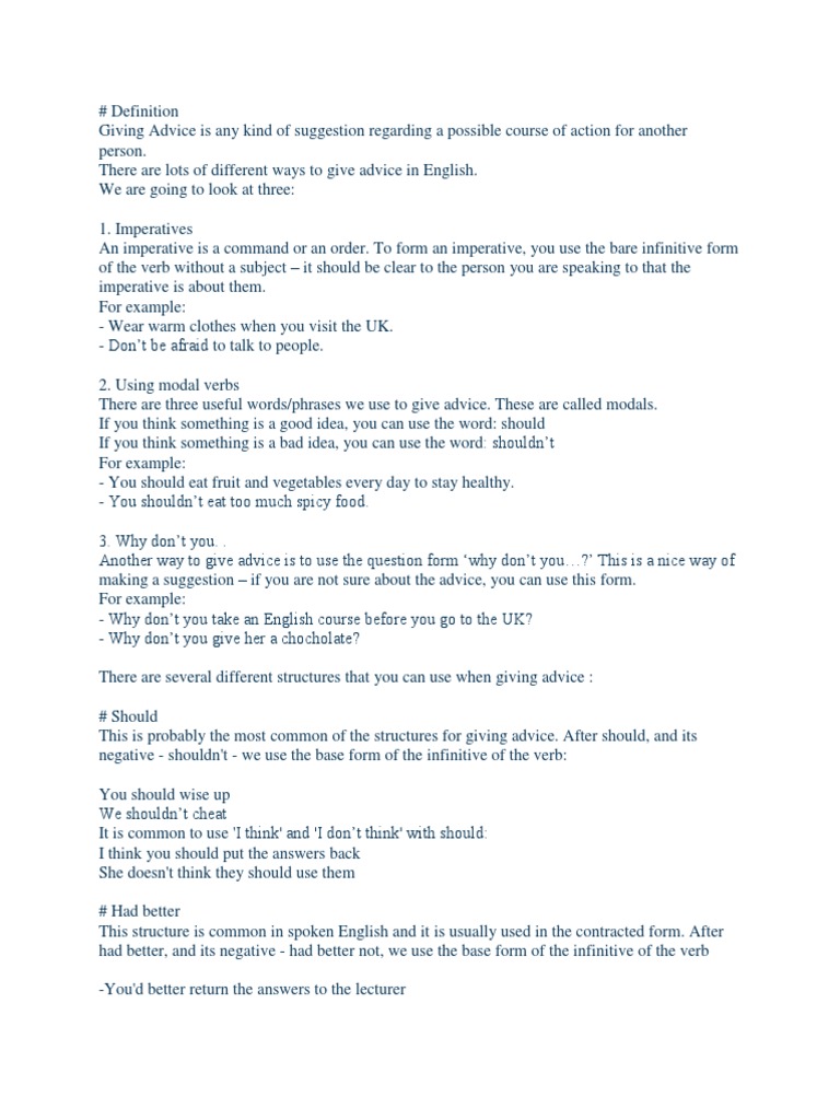Advice And Suggestion Pdf Verb English Language