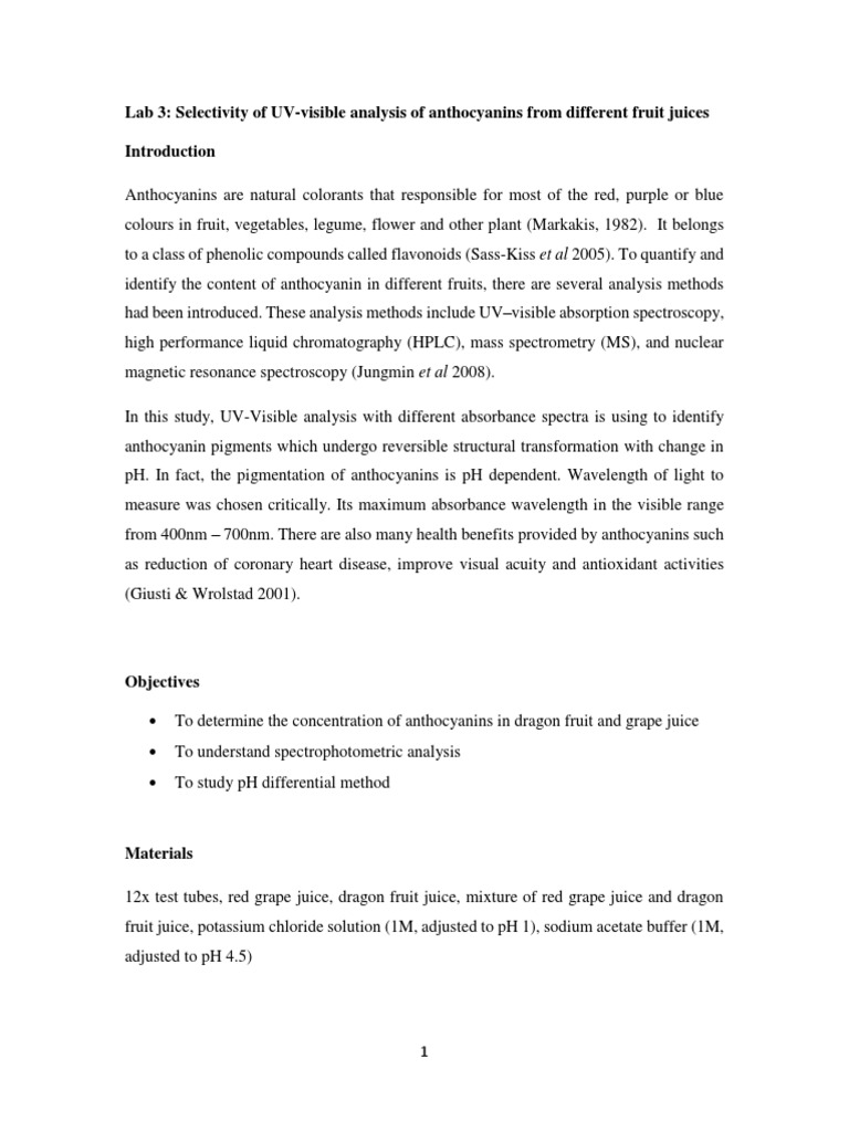 Lab Report Selectivity of UVvisible Analysis of Anthocyanins From