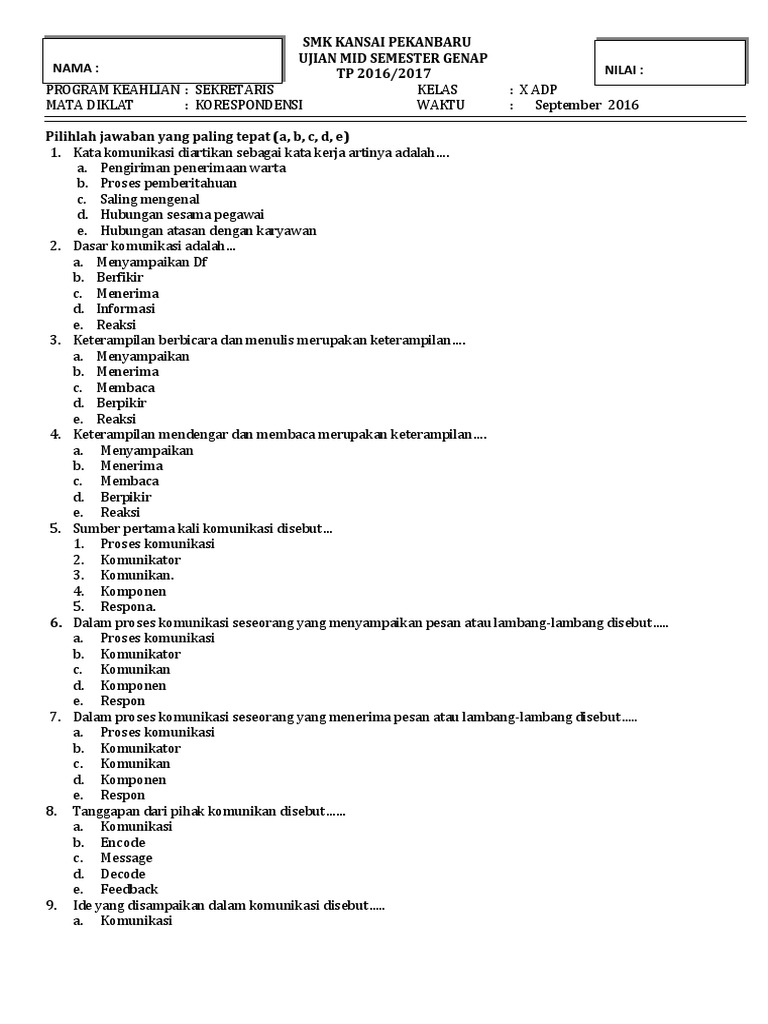 Soal Korespondensi Kls X Administrasi Perkantoran