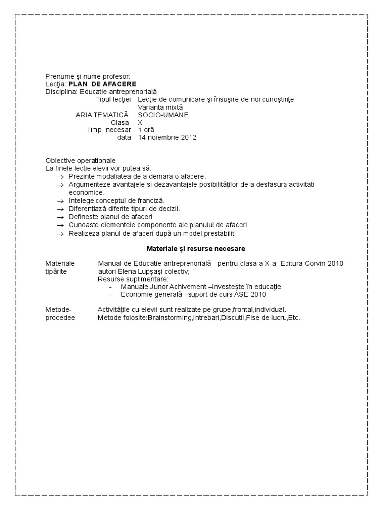 Plan De Lectie Ed Antreprenoriala
