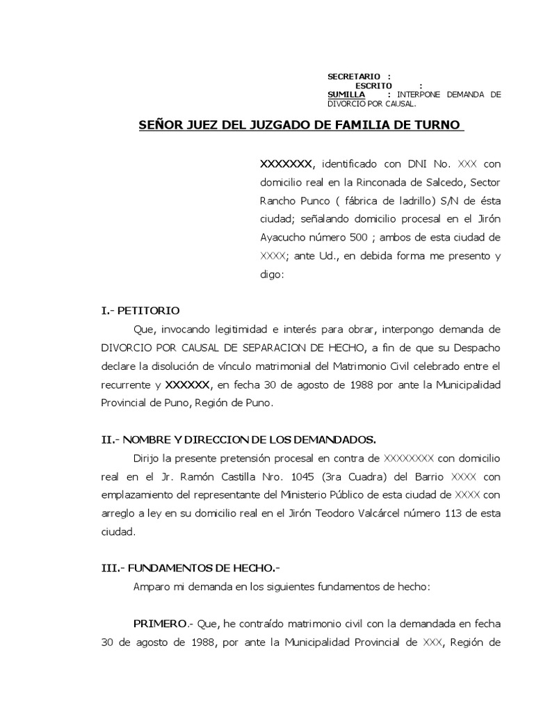 Ejemplo de demanda de divorcio necesario image to u