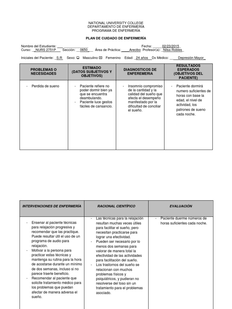Plan de Cuidado Perdida de Sueno | PDF | Dormir | Enfermería