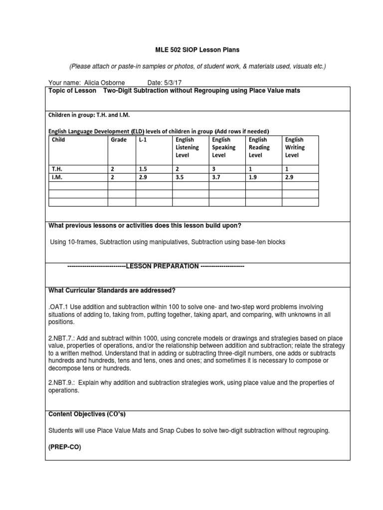 Mle 502 Siop Lesson Plans 5 3 | PDF | Subtraction | Cognition