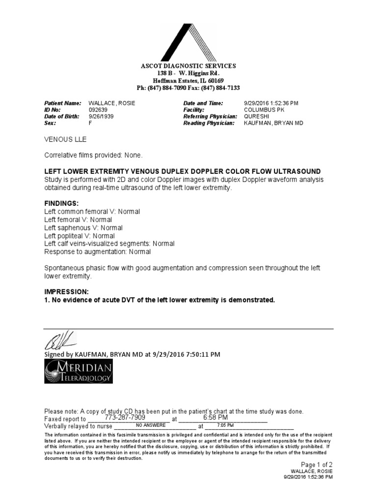 Wallace Rosie Venous Report | Medical Ultrasound | Fax