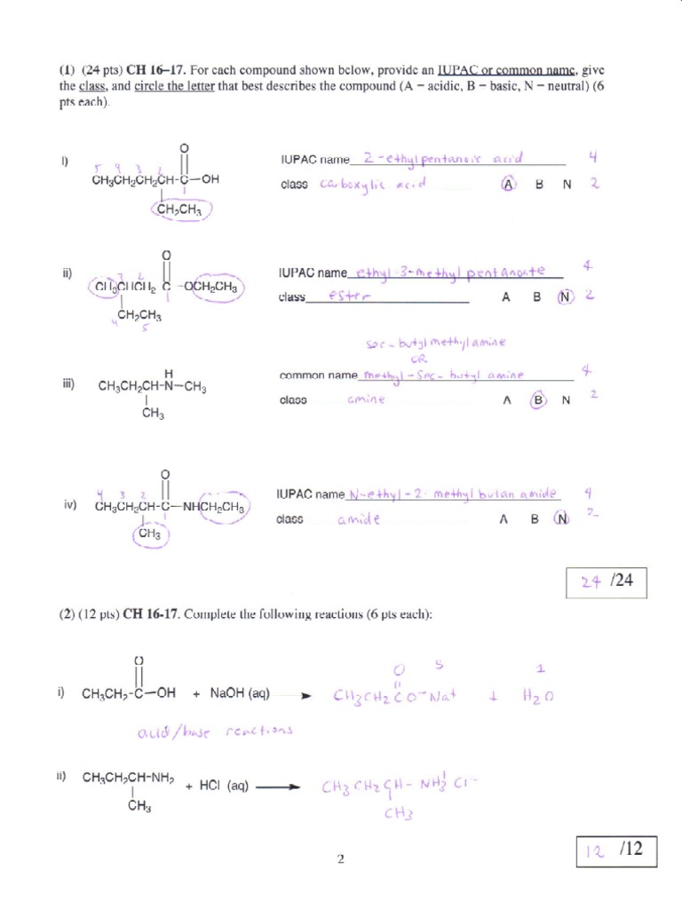 organic chemistry worksheet answer key