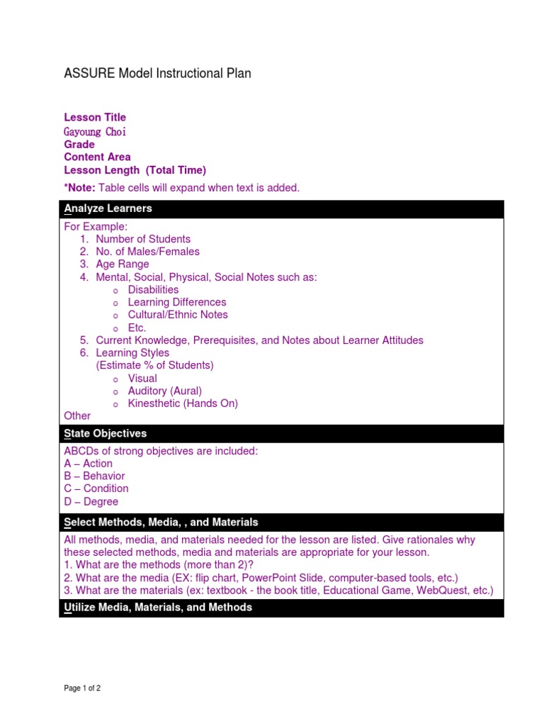 ASSURE Model Lesson Plan Template | PDF | Lesson Plan | Epistemology
