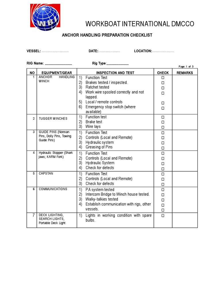 Anchor Handling Preparation Checklist300312 Rev01 Anchor Equipment