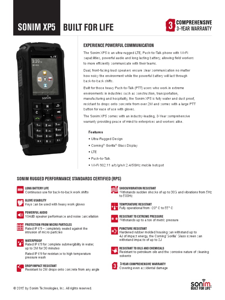 Technical Sheet Sonim XP5 Wireless Electronics