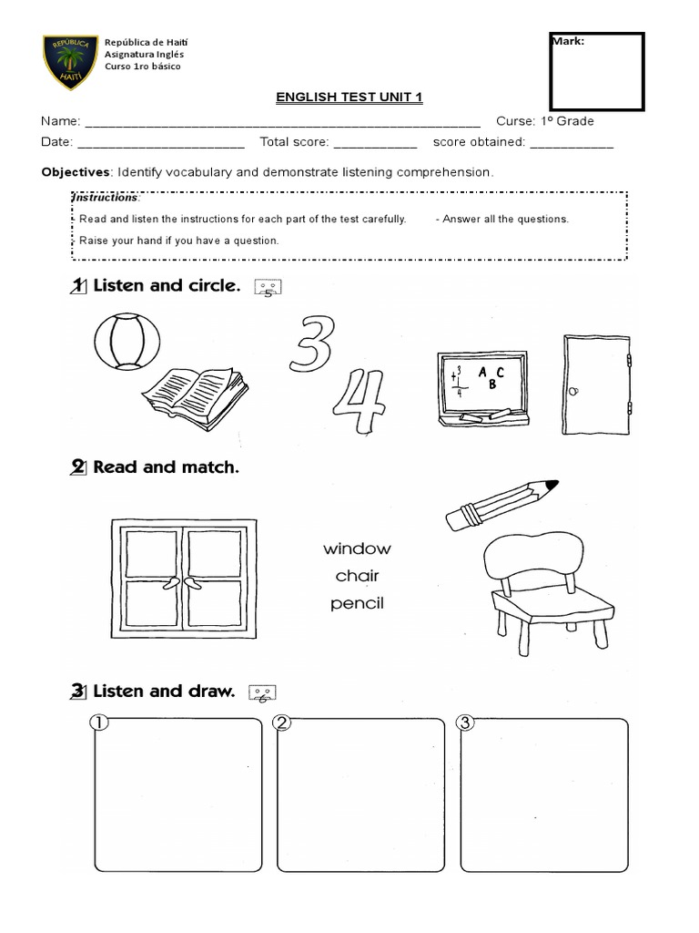 1st Grade English Test Unit 1 | PDF