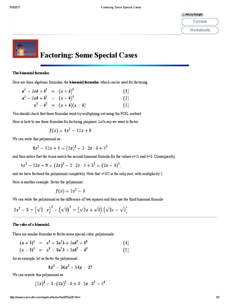 Worksheet Factoring Special Cases Worksheet factoring some special cases formula worksheets