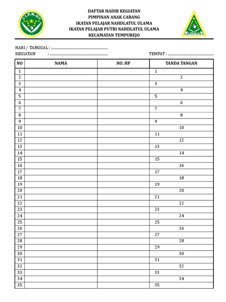 Daftar Hadir Kegiatan Pimpinan Anak Cabang Ikatan Pelajar Nahdlatul Ulama Ikatan Pelajar Putri Nahdlatul Ulama Kecamatan Tempurejo