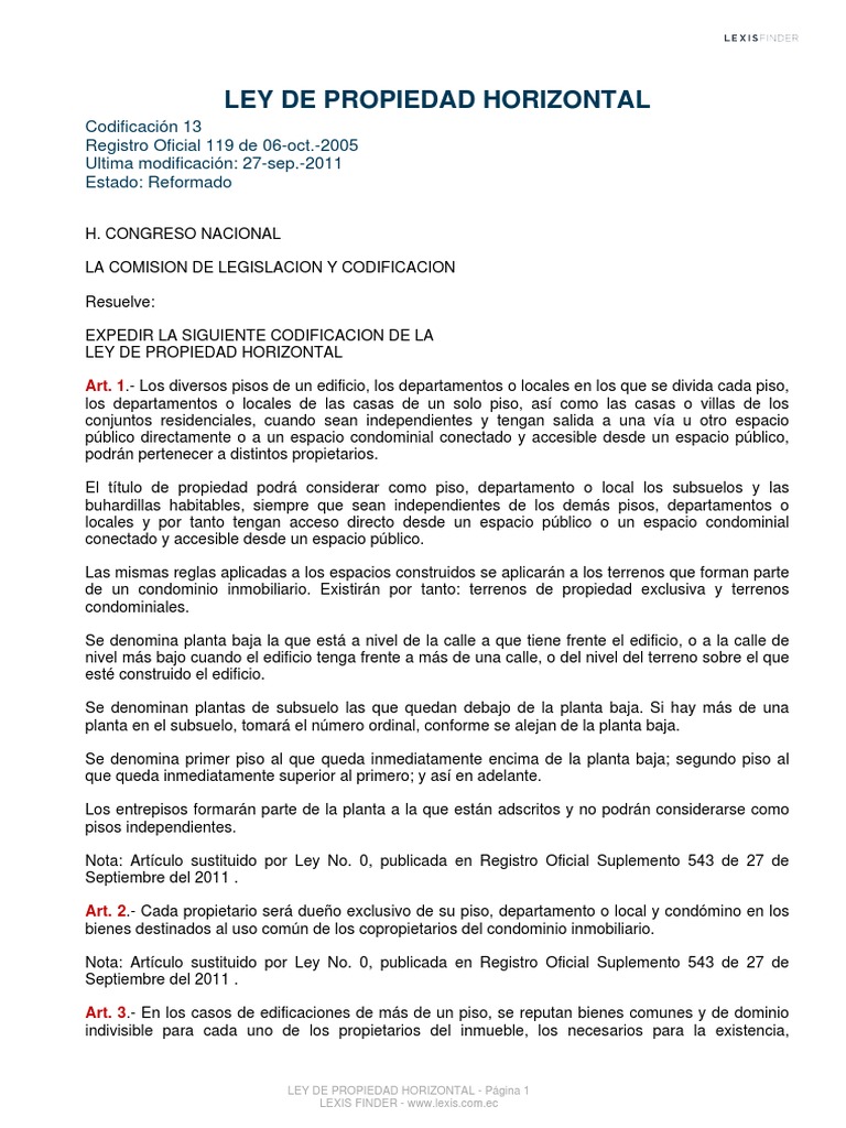 Ley de Propiedad Horizontal en Ecuador | PDF | Condominio | Propiedad