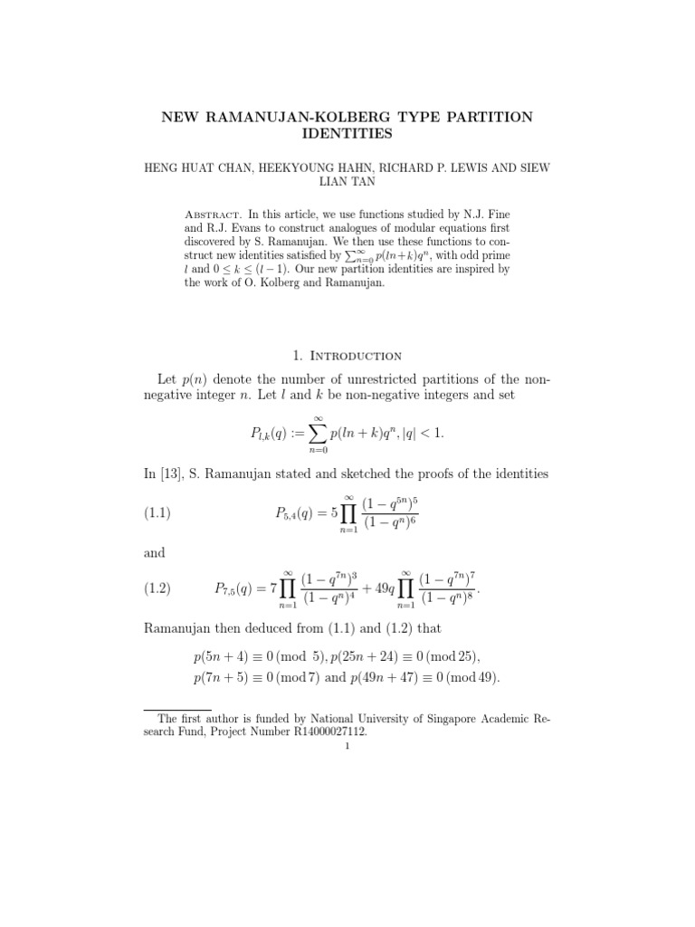 New Ramanujan-Kolberg Partition Identities | PDF | Theorem | Function ...