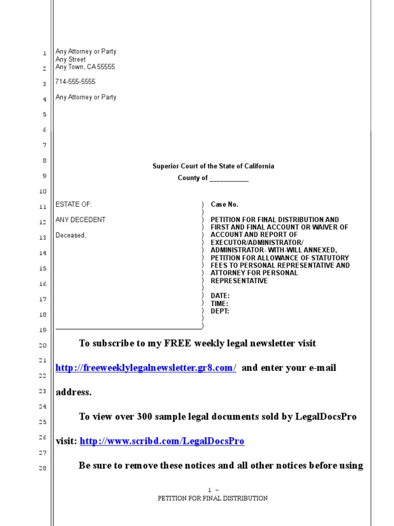 Sample Petition For Final Distribution For Probate in California