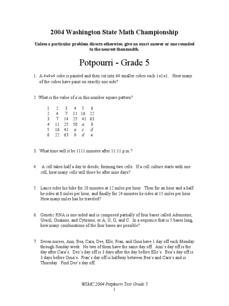 Potpourri Grade 5 2004 Washington State Math Championship Download