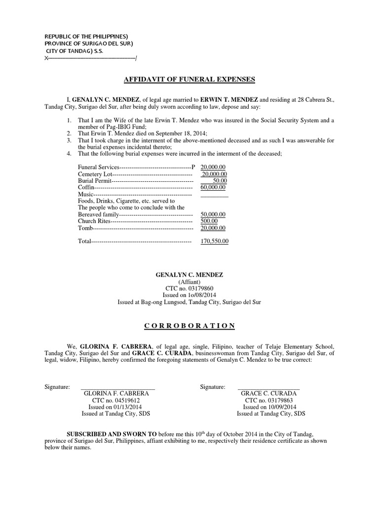 Affidavit of Funeral Expenses PDF Affidavit Burial