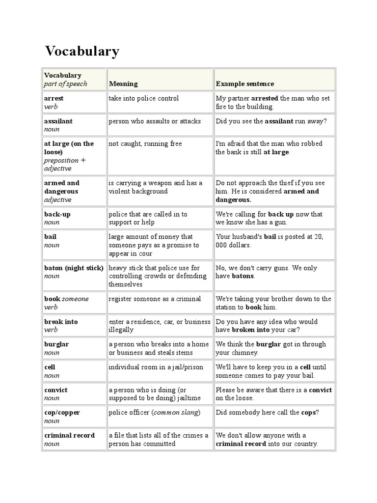 Vocabulary Vocabulary Meaning Example Sentence Arrest Assailant at