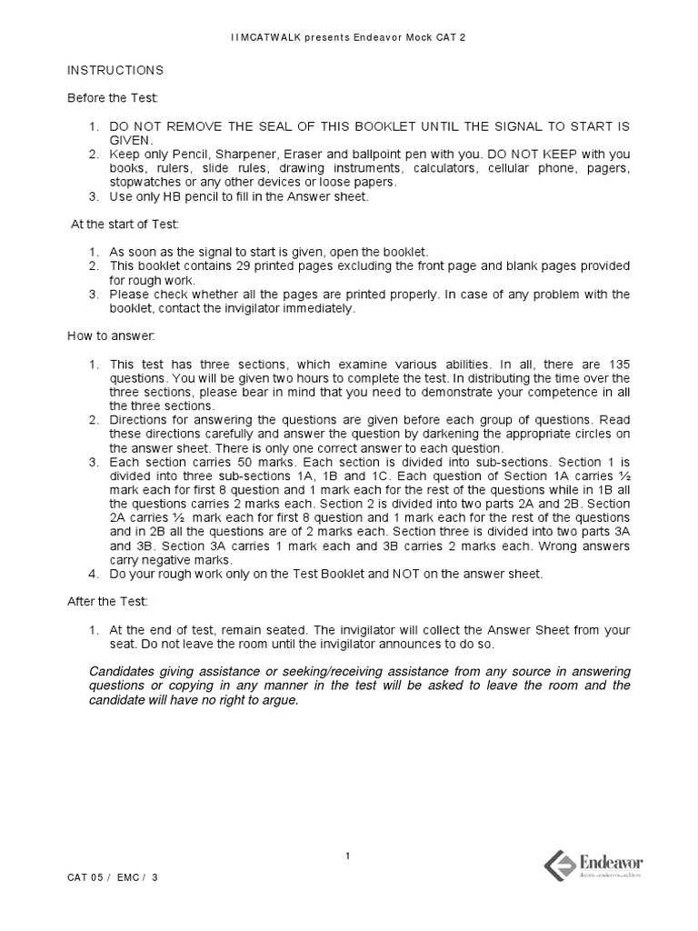 Endeavor Mock CAT 2 Instructions | PDF | Prison | Profit (Accounting)