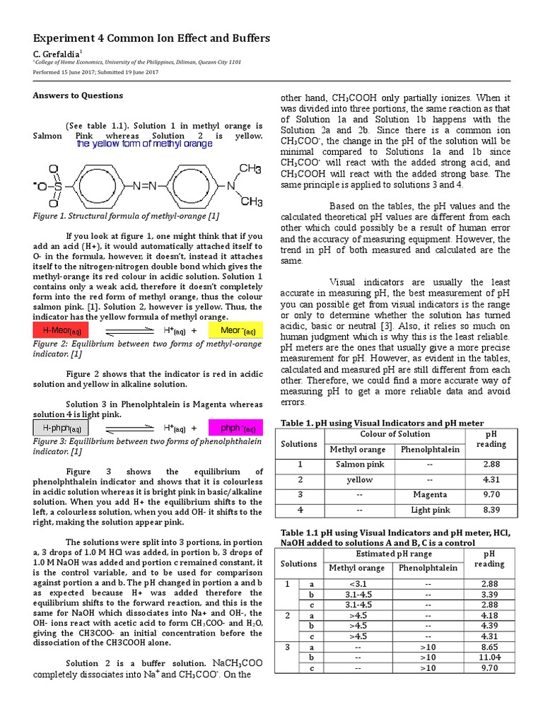 Experiment 4 Common Ion Effect and Buffers Answers To Questions PDF