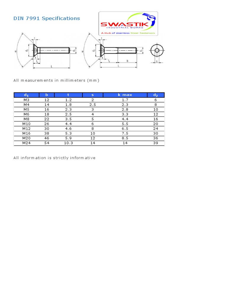 DIN 7991 Specifications: All Measurements in Millimeters (MM) | PDF