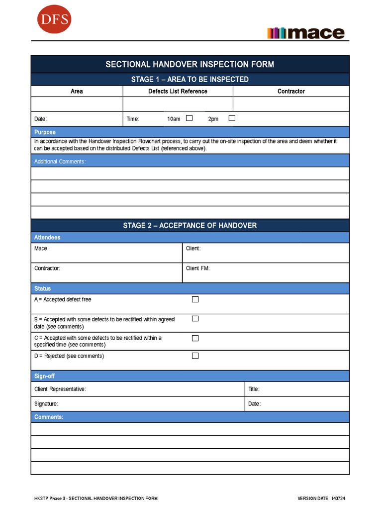 Sectional Handover Inspection Form | PDF
