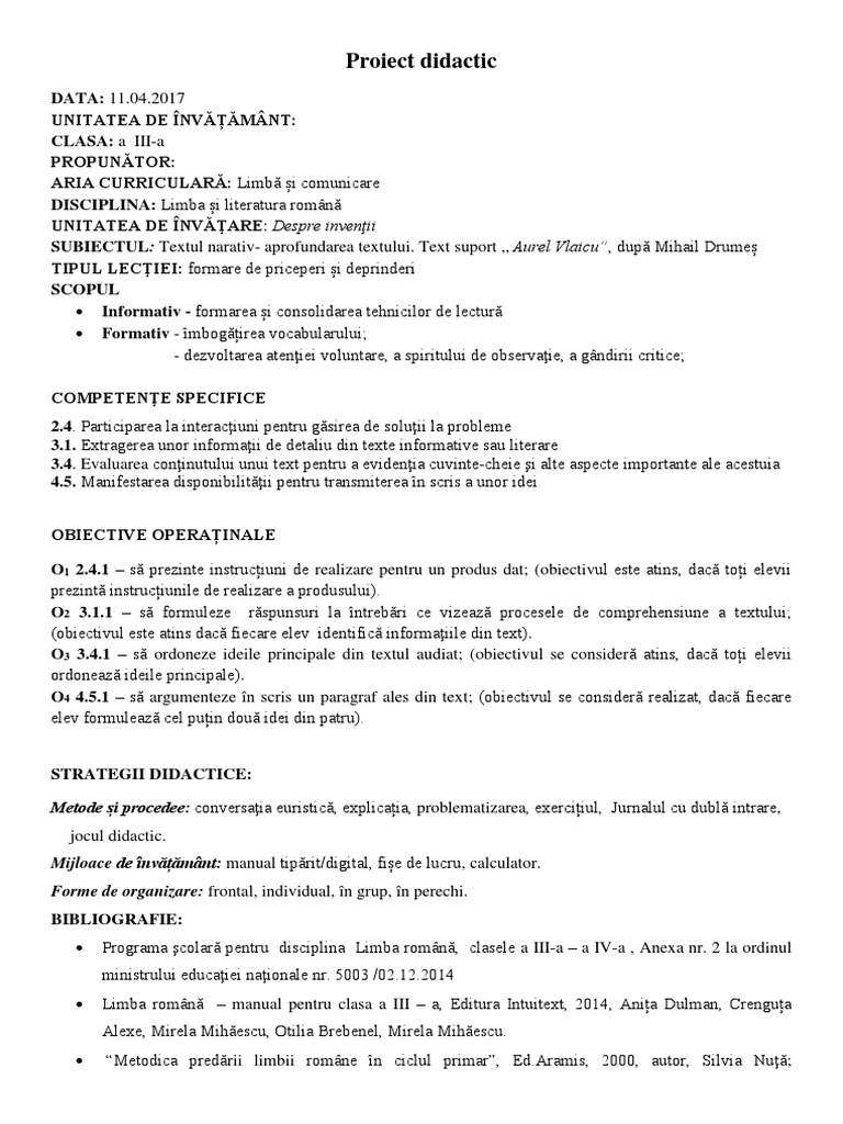 Proiect LLR-Aurel Vlaicu | PDF