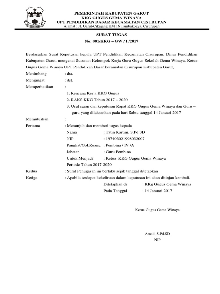 Surat Tugas Ketua Kkg