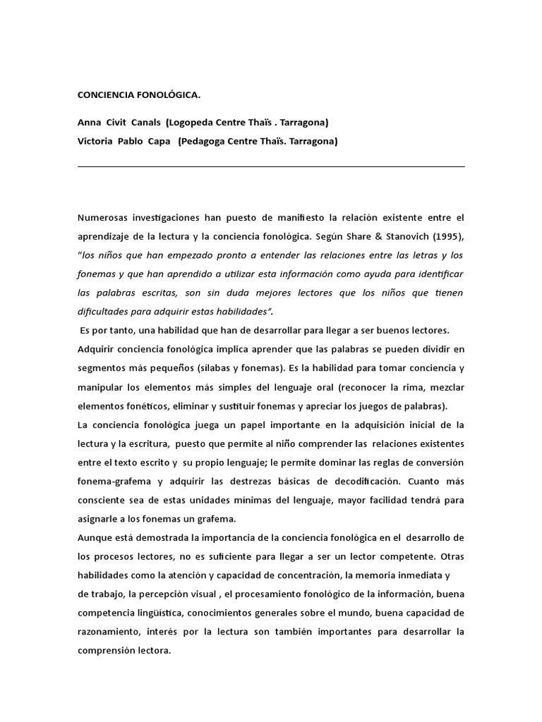Importancia de la Conciencia Fonológica | PDF | Fonología | Sílaba