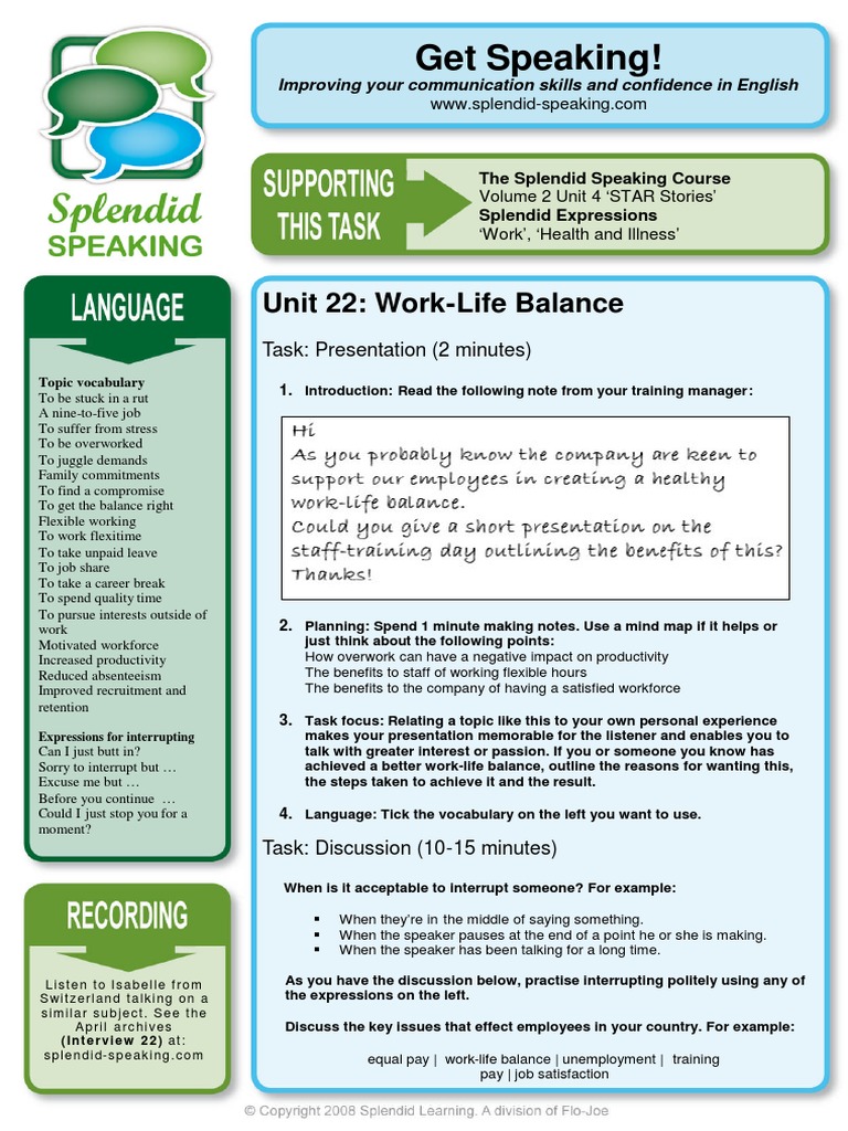 Work - Life Balance SPEAKING | PDF | Work–Life Balance | Behavioural ...