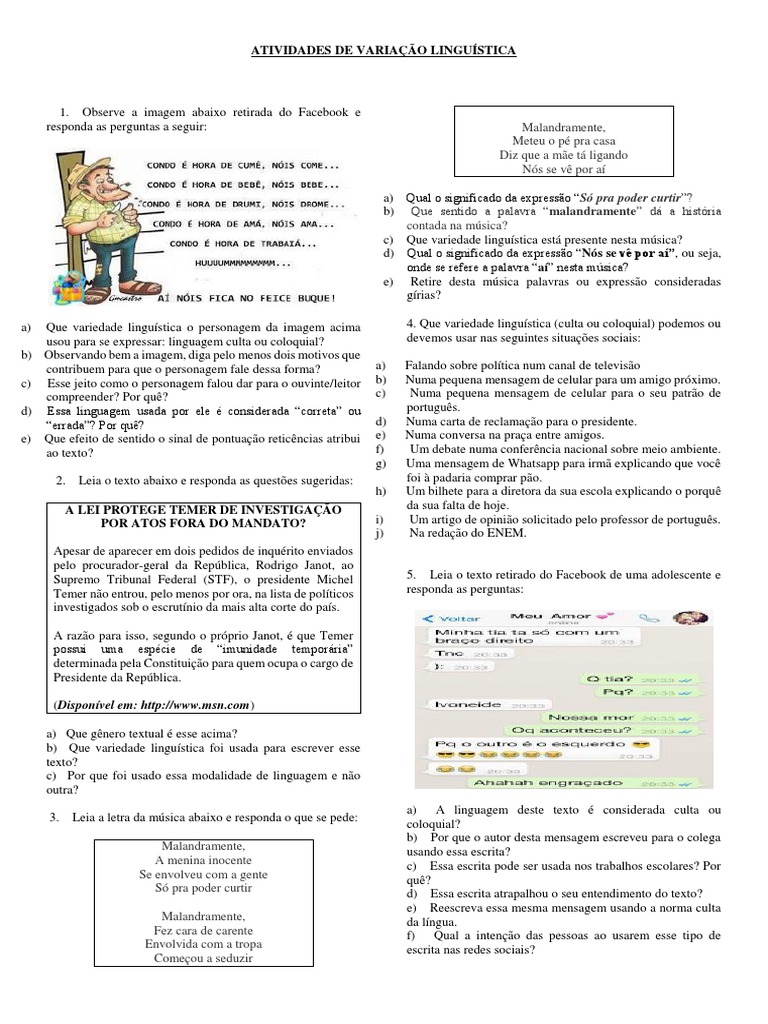 Atividades Variedades Linguisticas Ensino Médio Com Gabarito