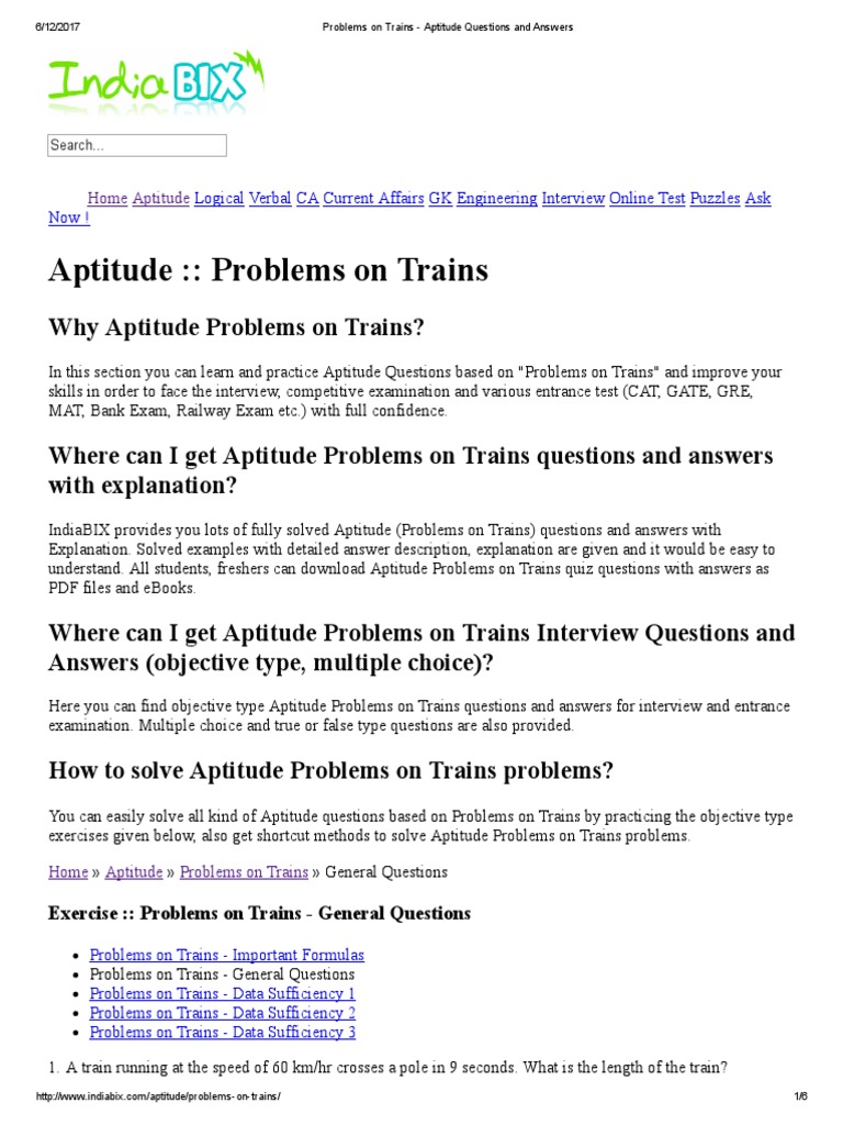 Problems on trains aptitude questions and answers pdf multiple