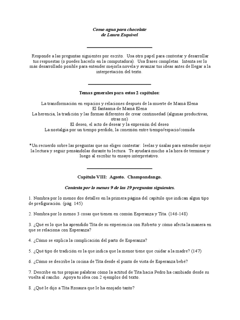 Como Agua Para Chocolate Résumé Par Chapitre