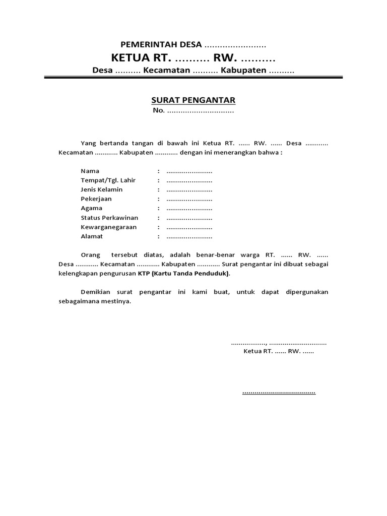 Surat Pengantar Pembuatan KTP Dari RT-RW