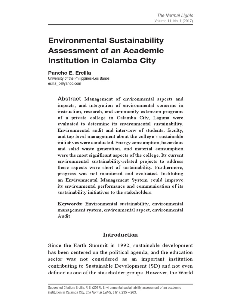 Environmental Sustainability Assessment of An Academic Institution in ...