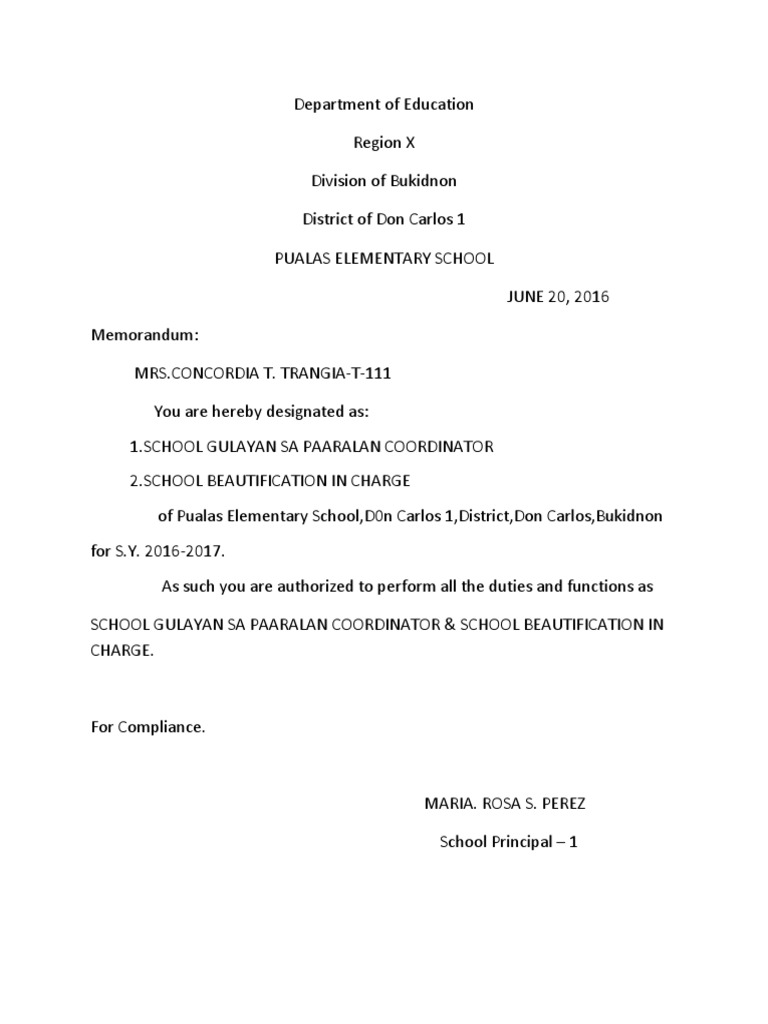 Memorandum for Pualas Elementary Roles | PDF