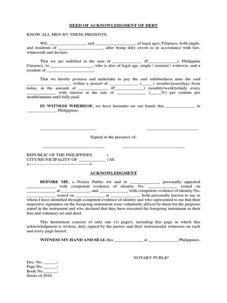 Deed Of Acknowledgment Of Debt Pdf Notary Public Debt